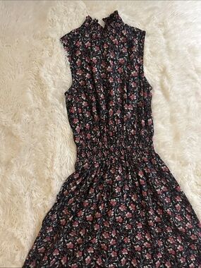 Nanette Lepore Black Floral Mock-Ruffle Midi Dress with Pink Blooms
